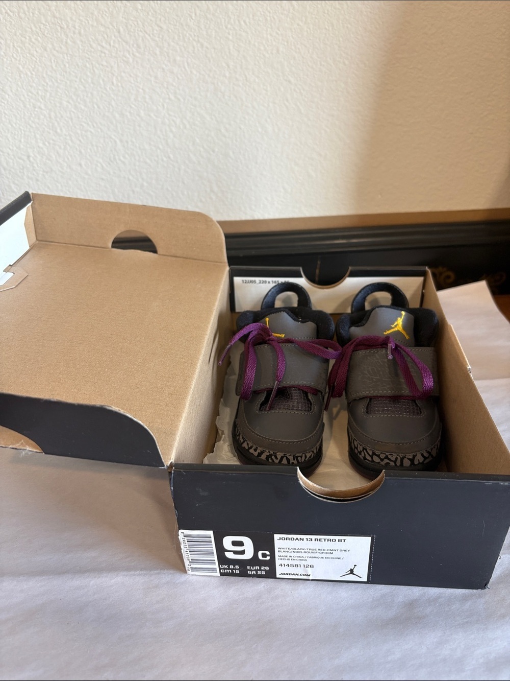 Jordan Gray and Black High-Top Bordeaux w/ purple laces come with original box